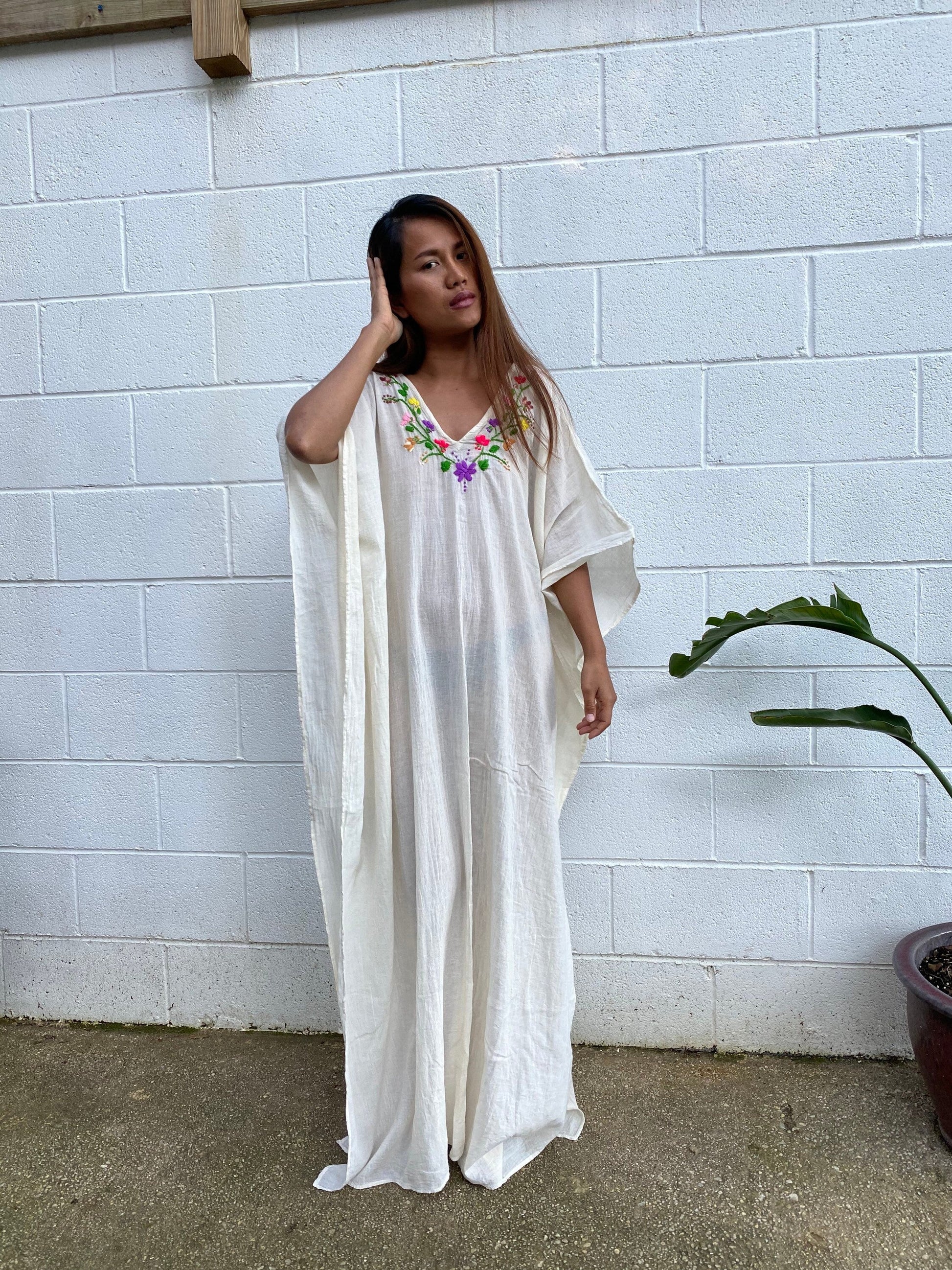 MALA handworks  Olena semi sheer Kaftan in White and Floral Hand Embroidery