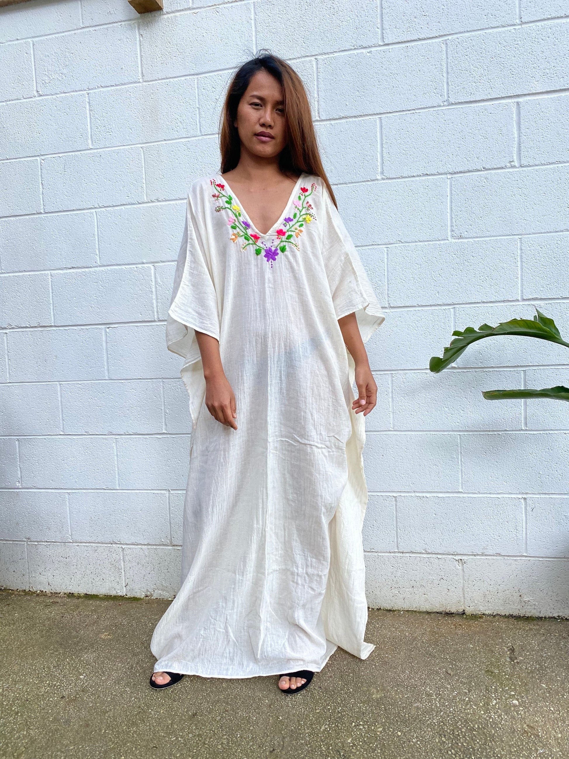 MALA handworks  Olena semi sheer Kaftan in White and Floral Hand Embroidery