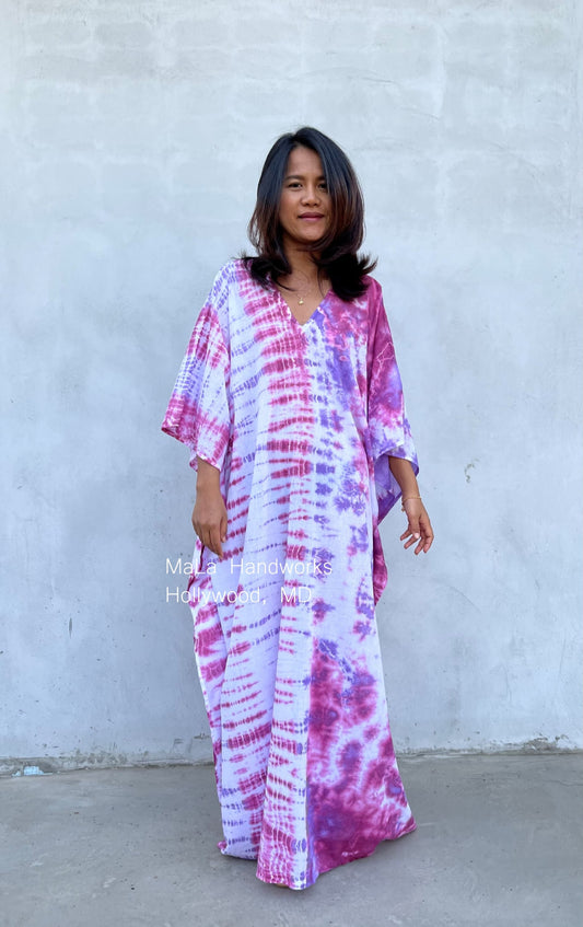 MALA handworks  Olena semi sheer Kaftan in White and Purple Tie Dye