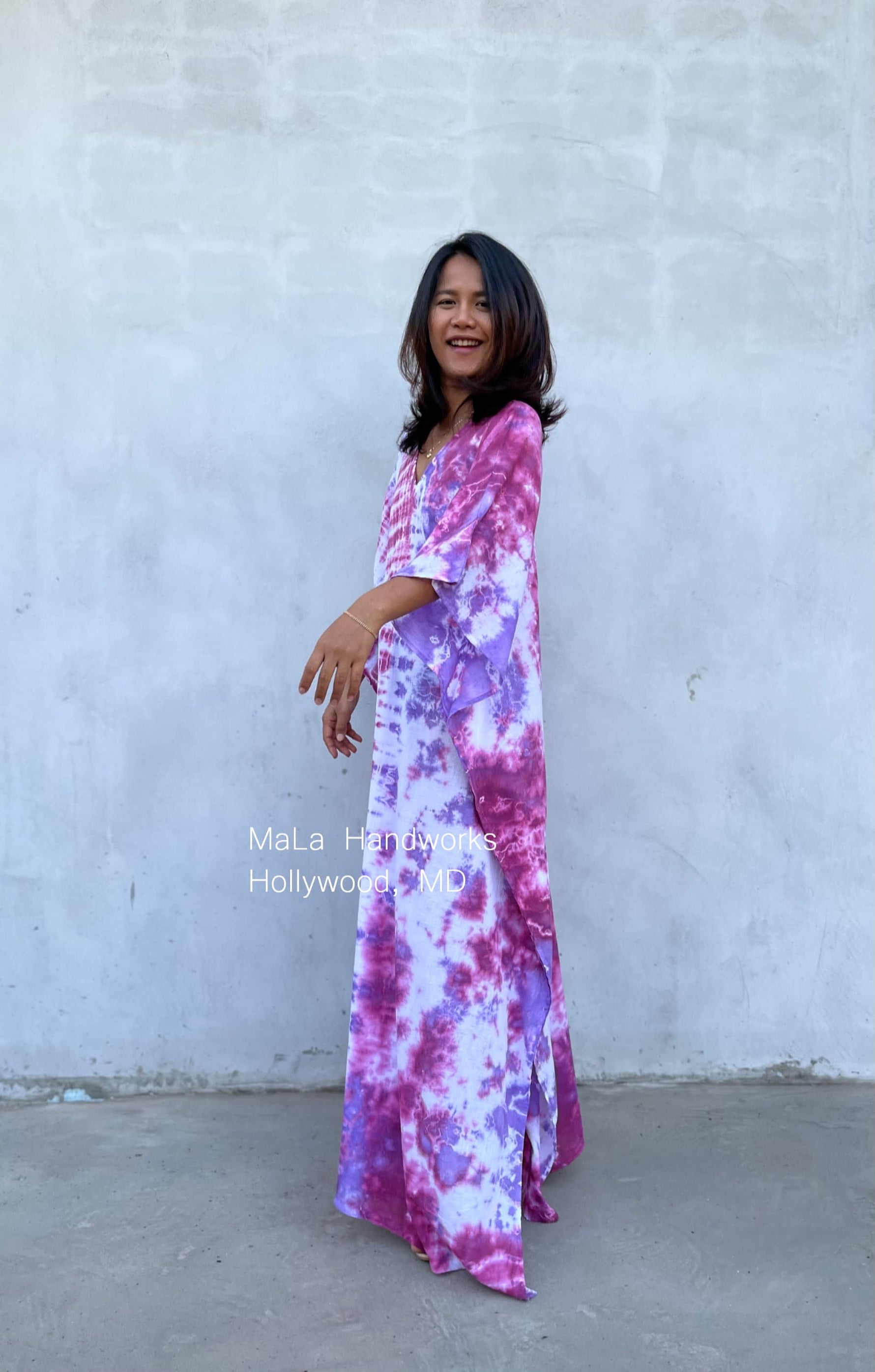 MALA handworks  Olena semi sheer Kaftan in White and Purple Tie Dye