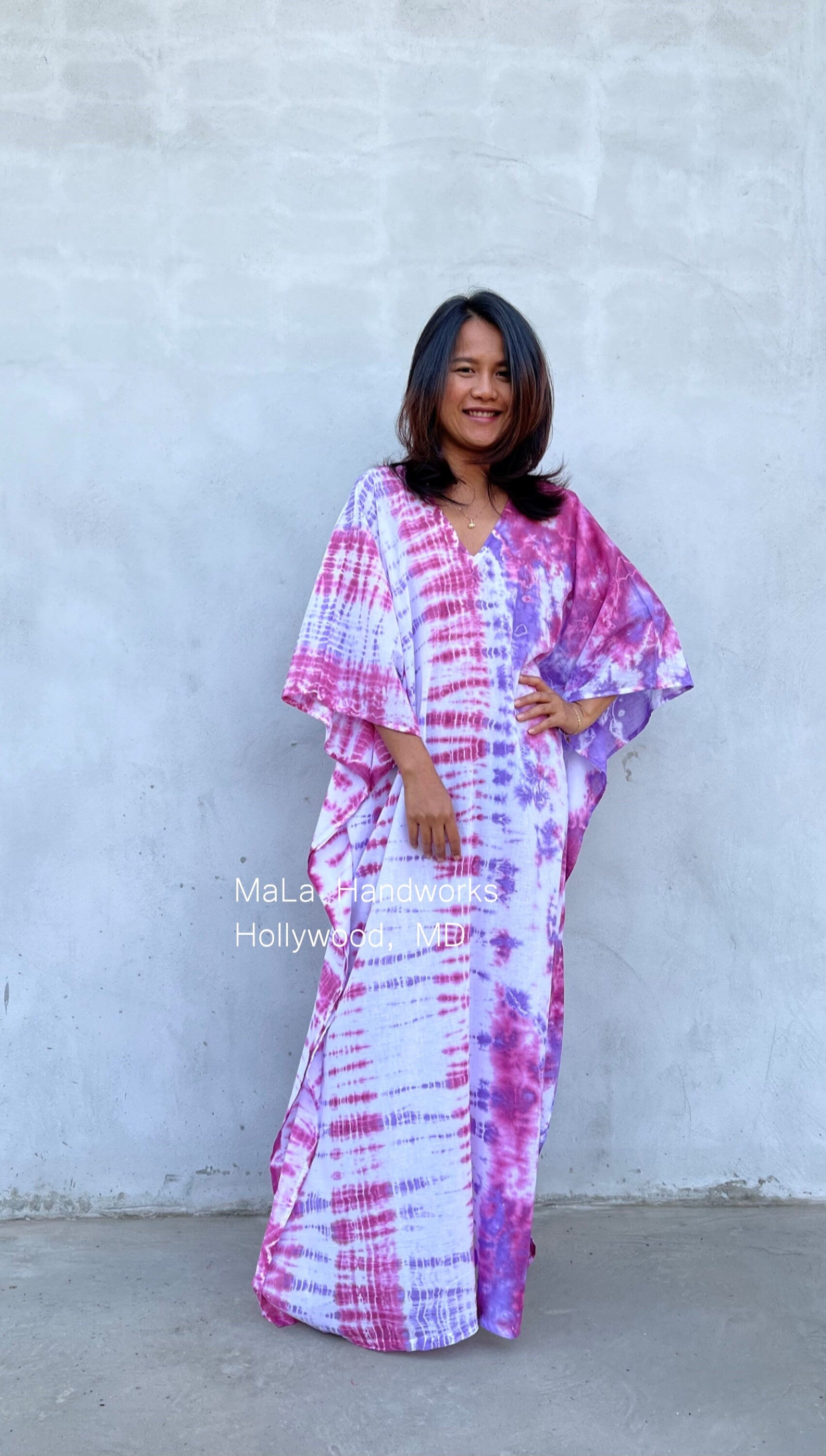 MALA handworks  Olena semi sheer Kaftan in White and Purple Tie Dye