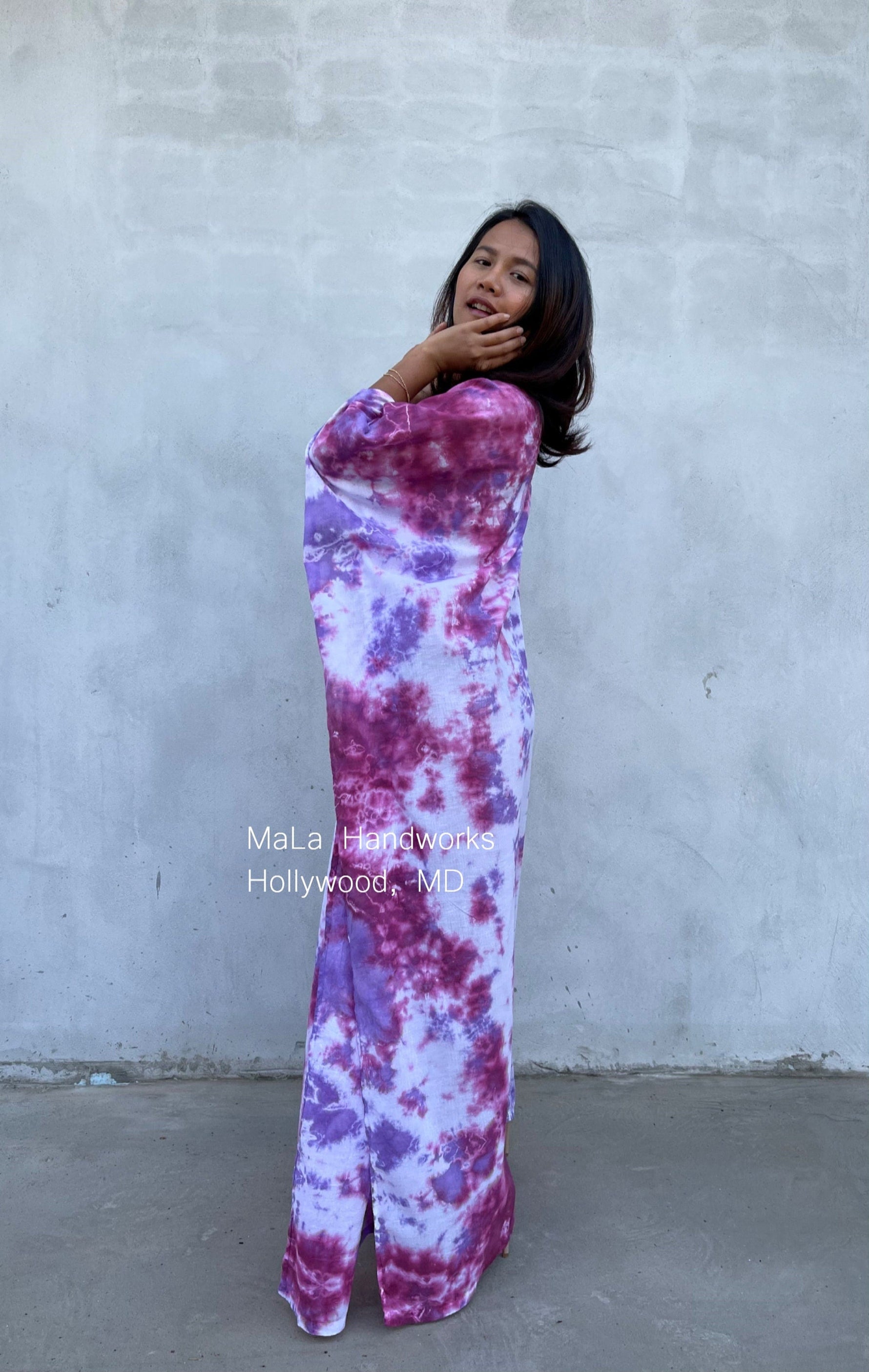 MALA handworks  Olena semi sheer Kaftan in White and Purple Tie Dye