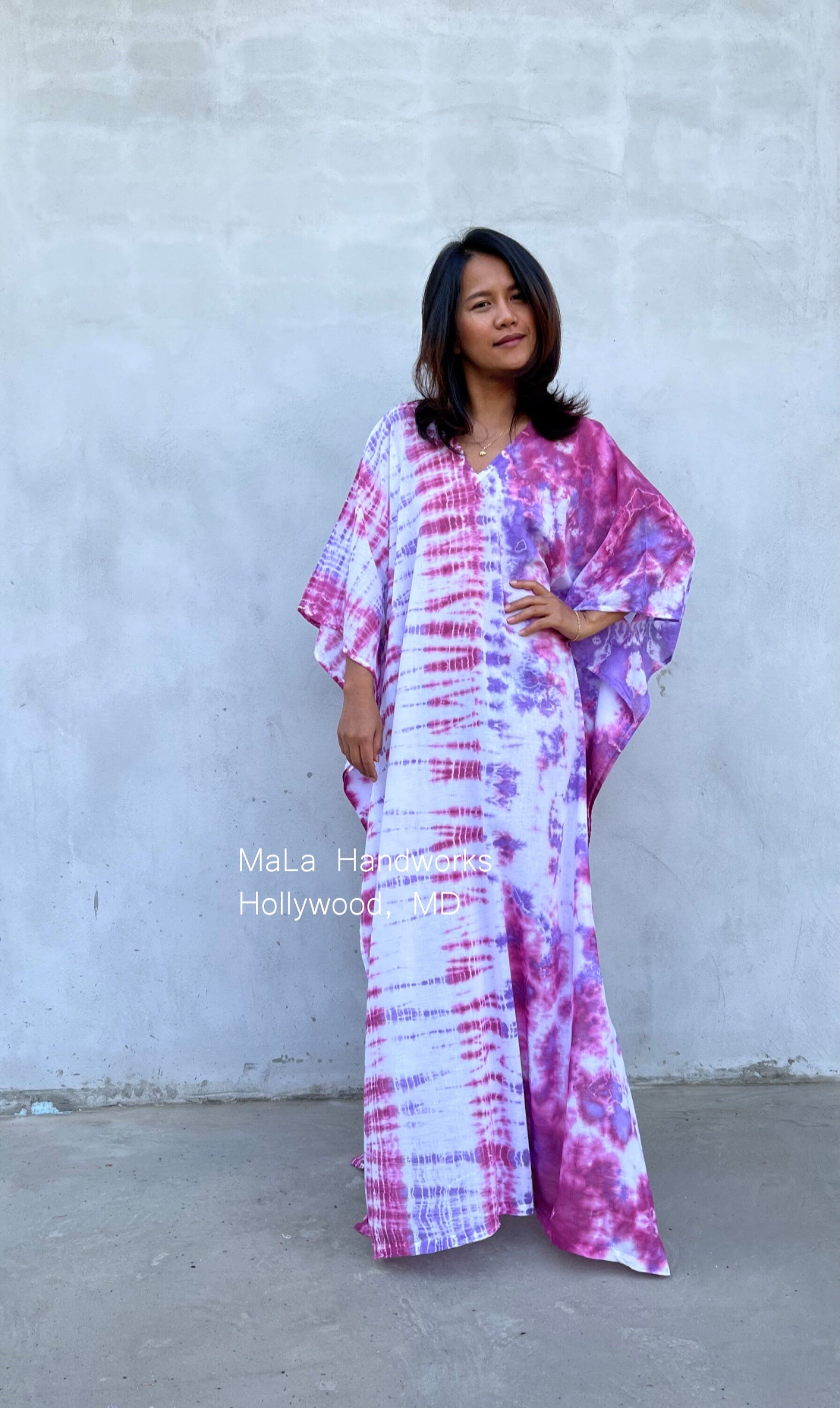 MALA handworks  Olena semi sheer Kaftan in White and Purple Tie Dye