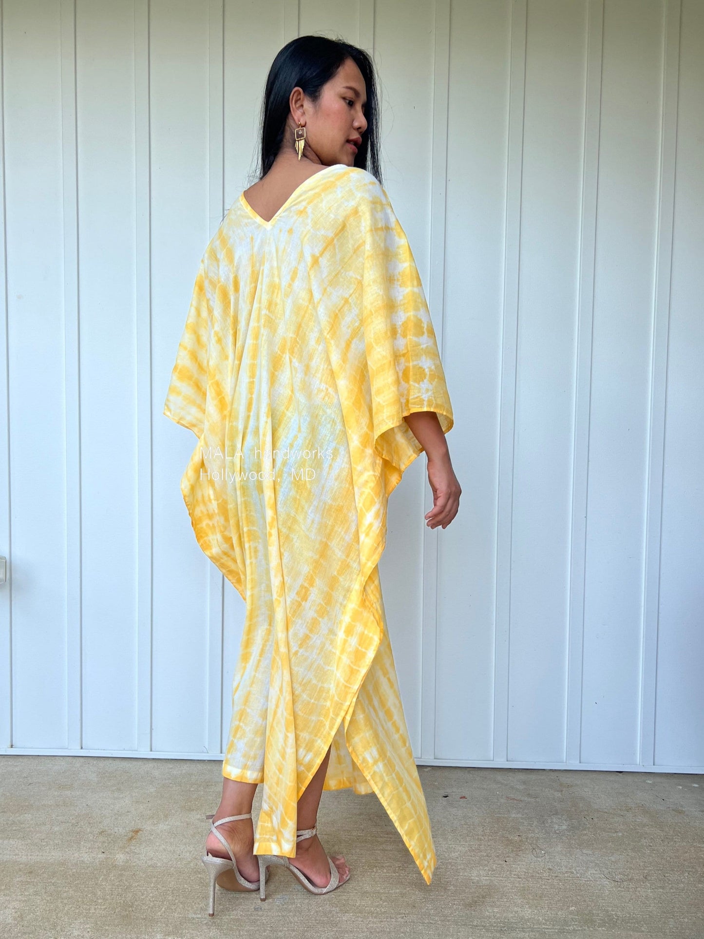 MALA handworks  Olena semi sheer Kaftan in White and Yellow Tie Dye