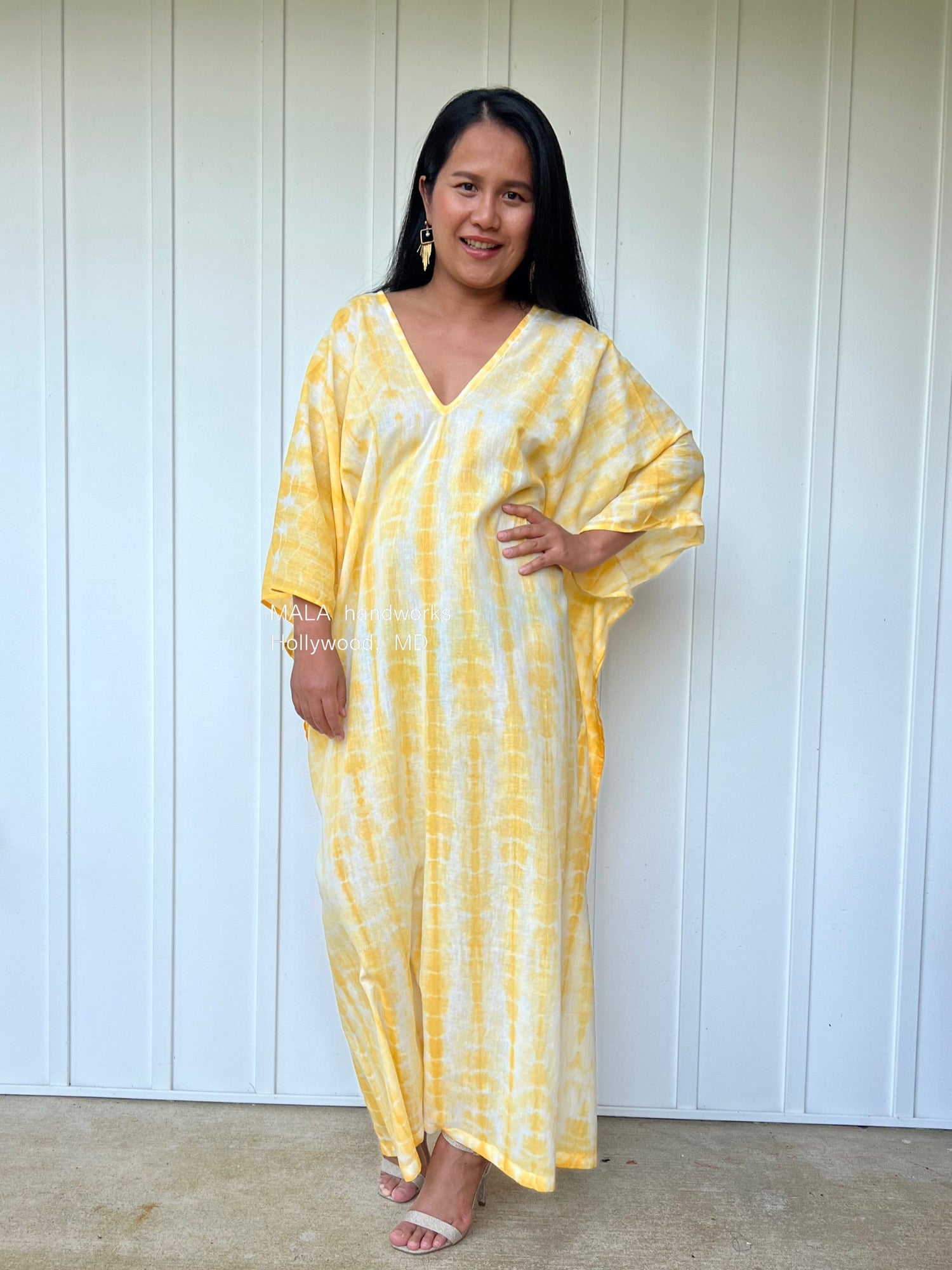 MALA handworks  Olena semi sheer Kaftan in White and Yellow Tie Dye