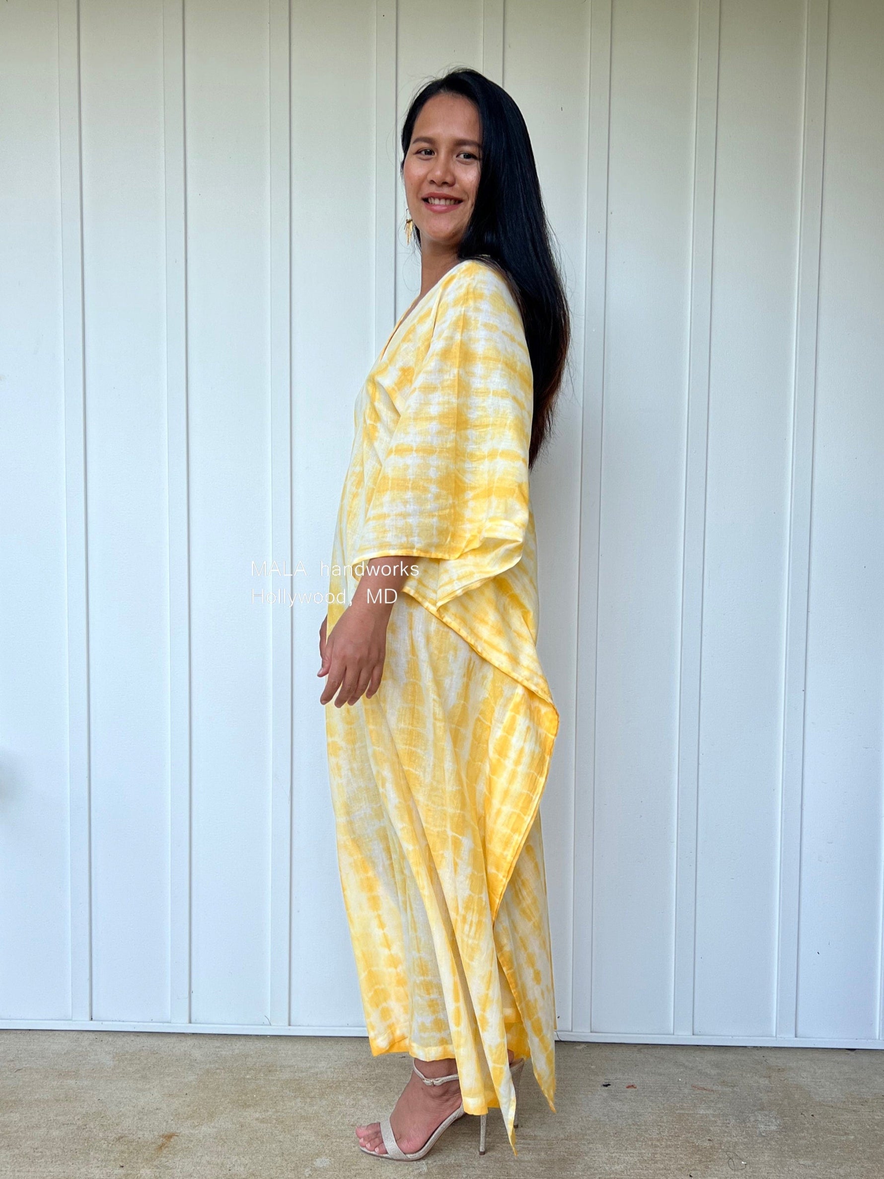 MALA handworks  Olena semi sheer Kaftan in White and Yellow Tie Dye