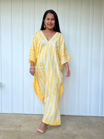 MALA handworks  Olena semi sheer Kaftan in White and Yellow Tie Dye