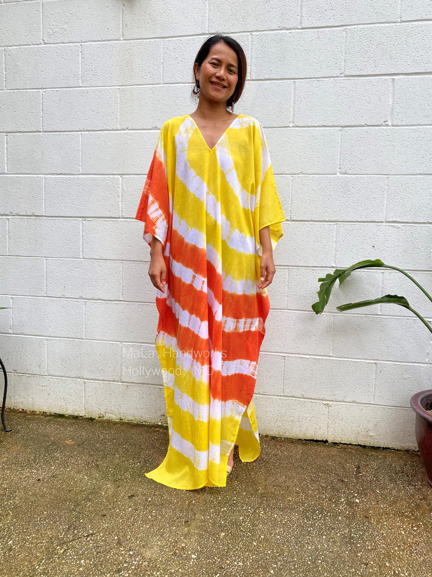 MALA handworks  Olena semi sheer Kaftan in White, Orange and Yellow Tie Dye