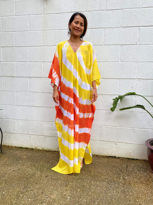 MALA handworks  Olena semi sheer Kaftan in White, Orange and Yellow Tie Dye