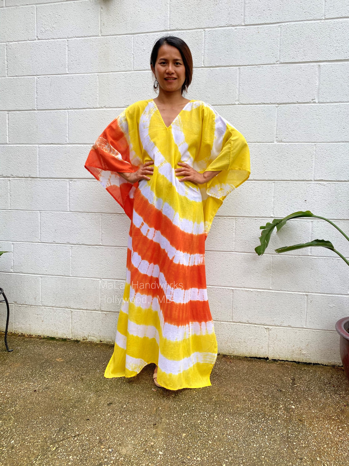 MALA handworks  Olena semi sheer Kaftan in White, Orange and Yellow Tie Dye