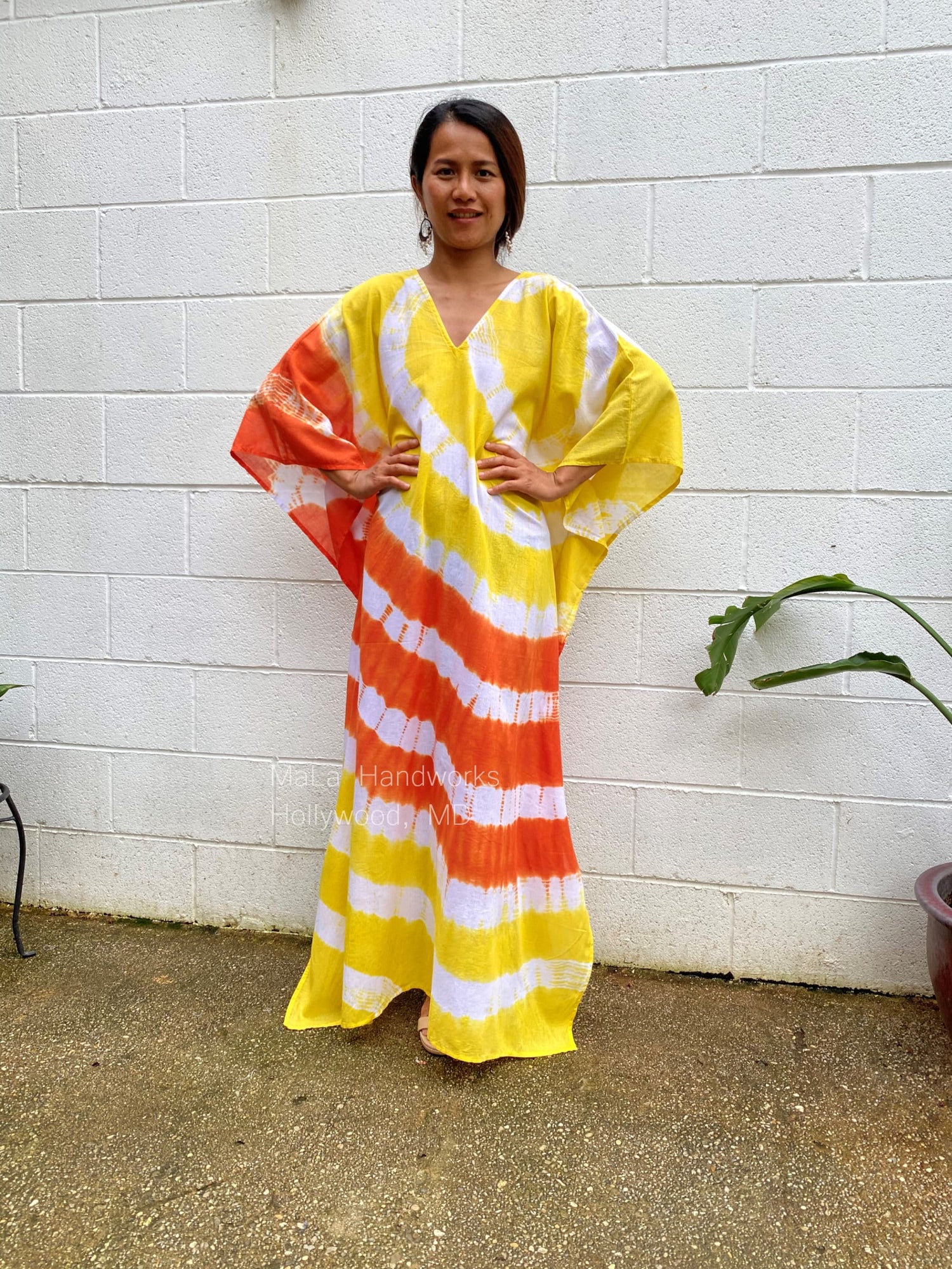 MALA handworks  Olena semi sheer Kaftan in White, Orange and Yellow Tie Dye
