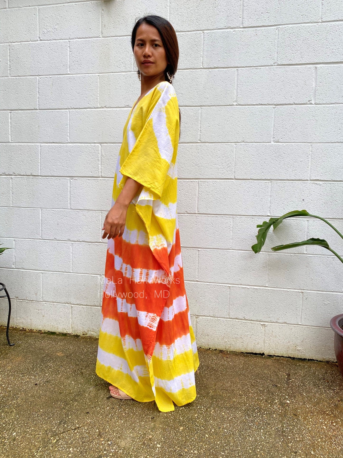 MALA handworks  Olena semi sheer Kaftan in White, Orange and Yellow Tie Dye