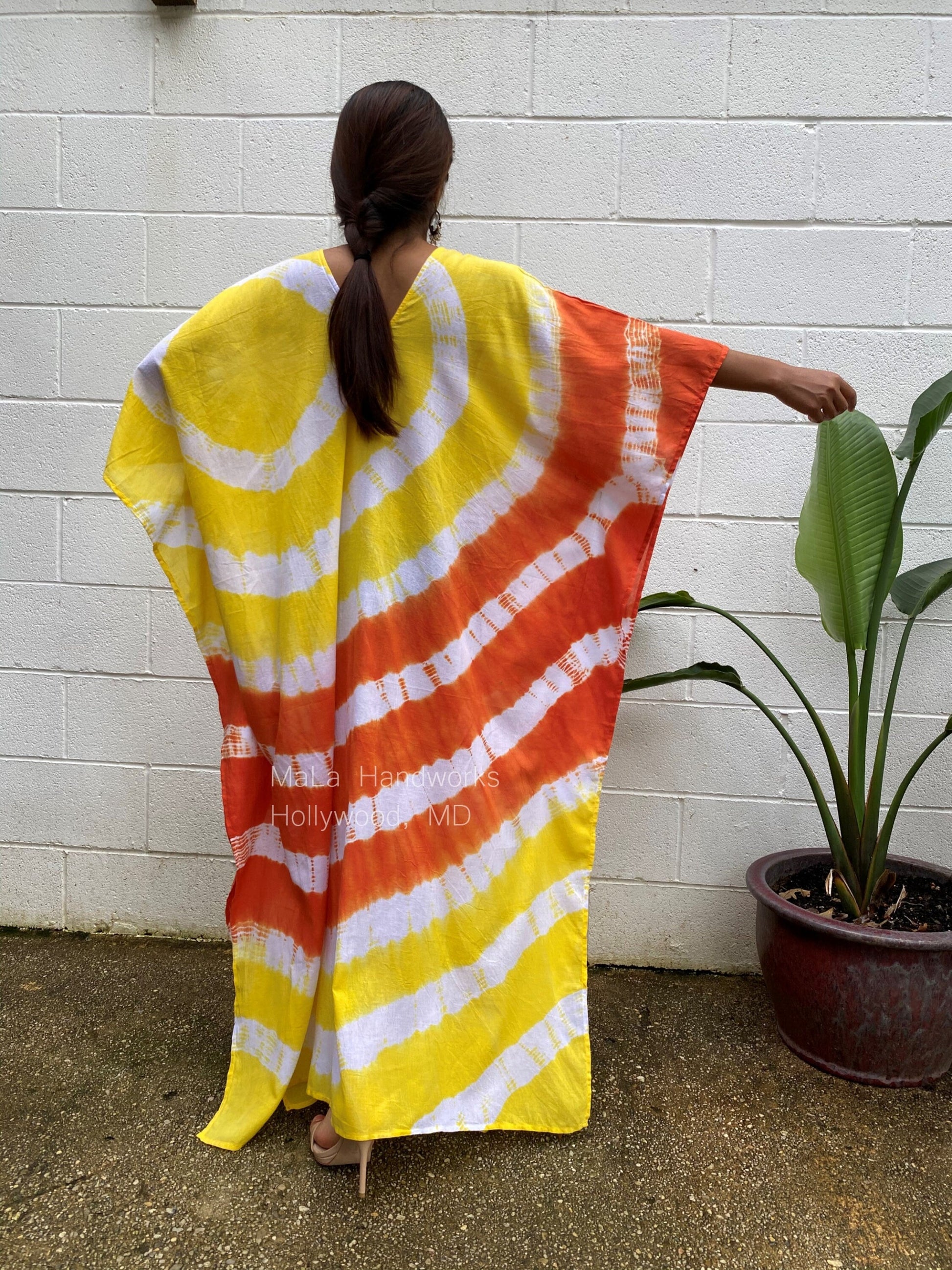 MALA handworks  Olena semi sheer Kaftan in White, Orange and Yellow Tie Dye