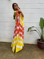 MALA handworks  Olena semi sheer Kaftan in White, Orange and Yellow Tie Dye