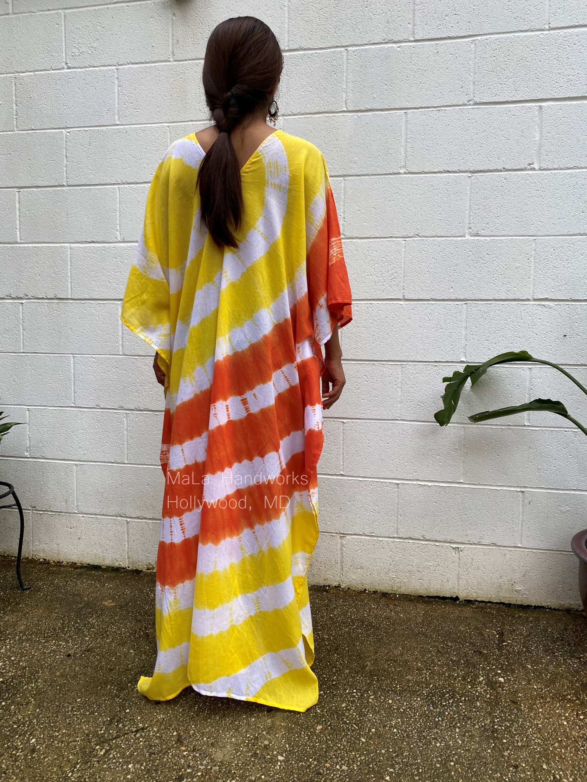 MALA handworks  Olena semi sheer Kaftan in White, Orange and Yellow Tie Dye