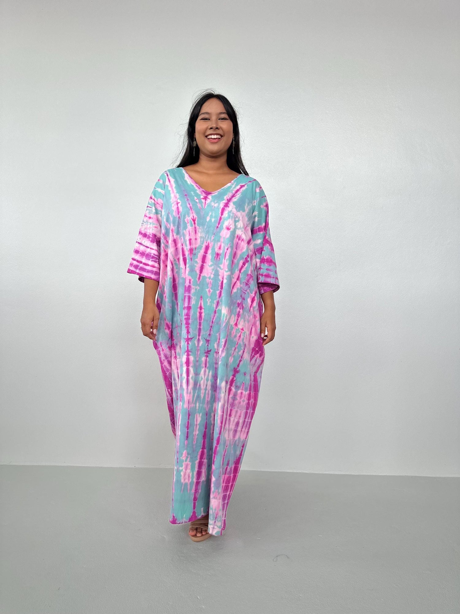 Mala Handworks Olivia Cotton Kaftan in Aqua and Bubblegum Tie Dye