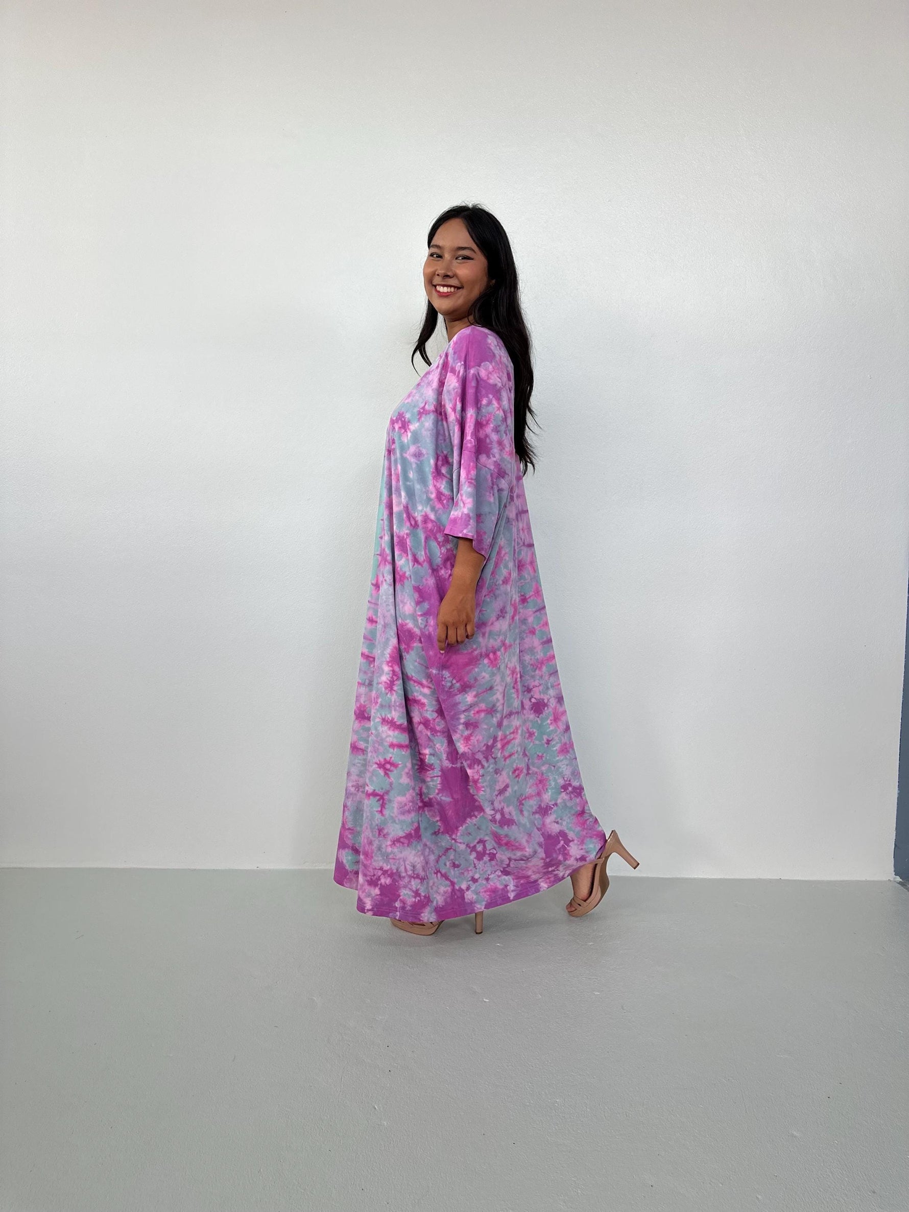 Mala Handworks Olivia Cotton Kaftan in Aqua and Fuchsia Tie Dye