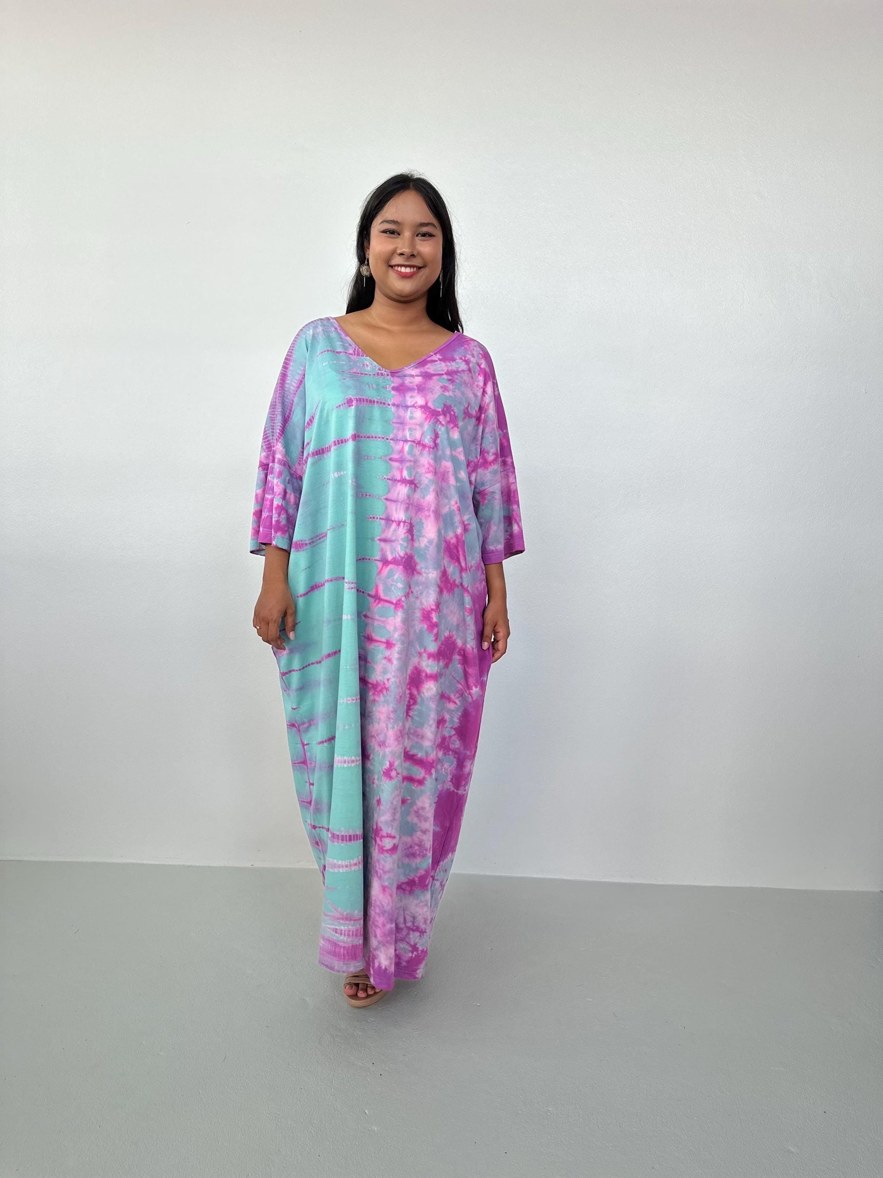 Mala Handworks Olivia Cotton Kaftan in Aqua and Fuchsia Tie Dye