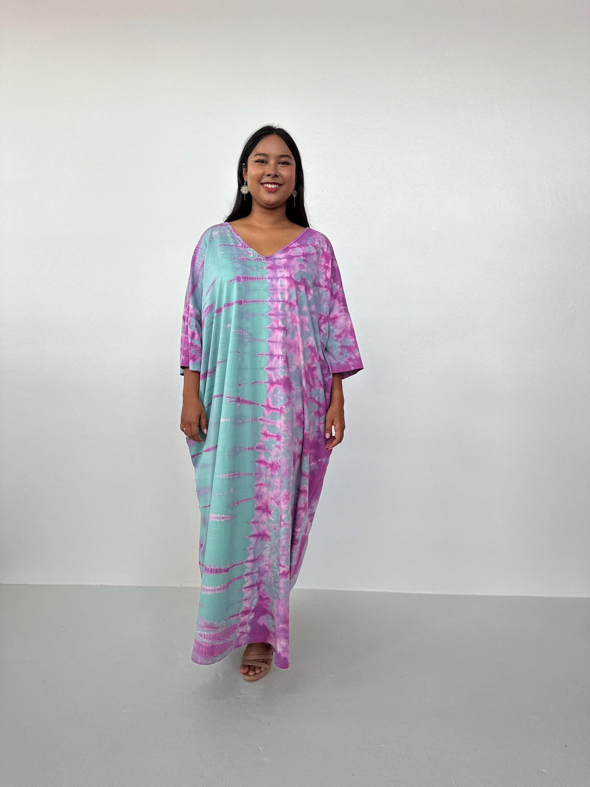 Mala Handworks Olivia Cotton Kaftan in Aqua and Fuchsia Tie Dye