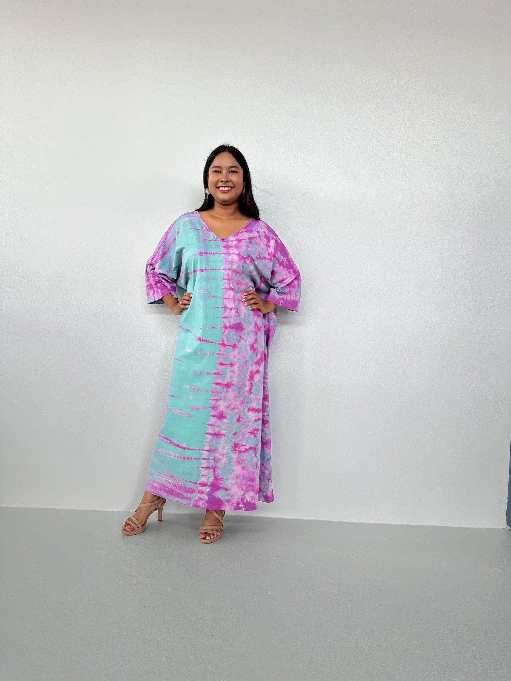 Mala Handworks Olivia Cotton Kaftan in Aqua and Fuchsia Tie Dye