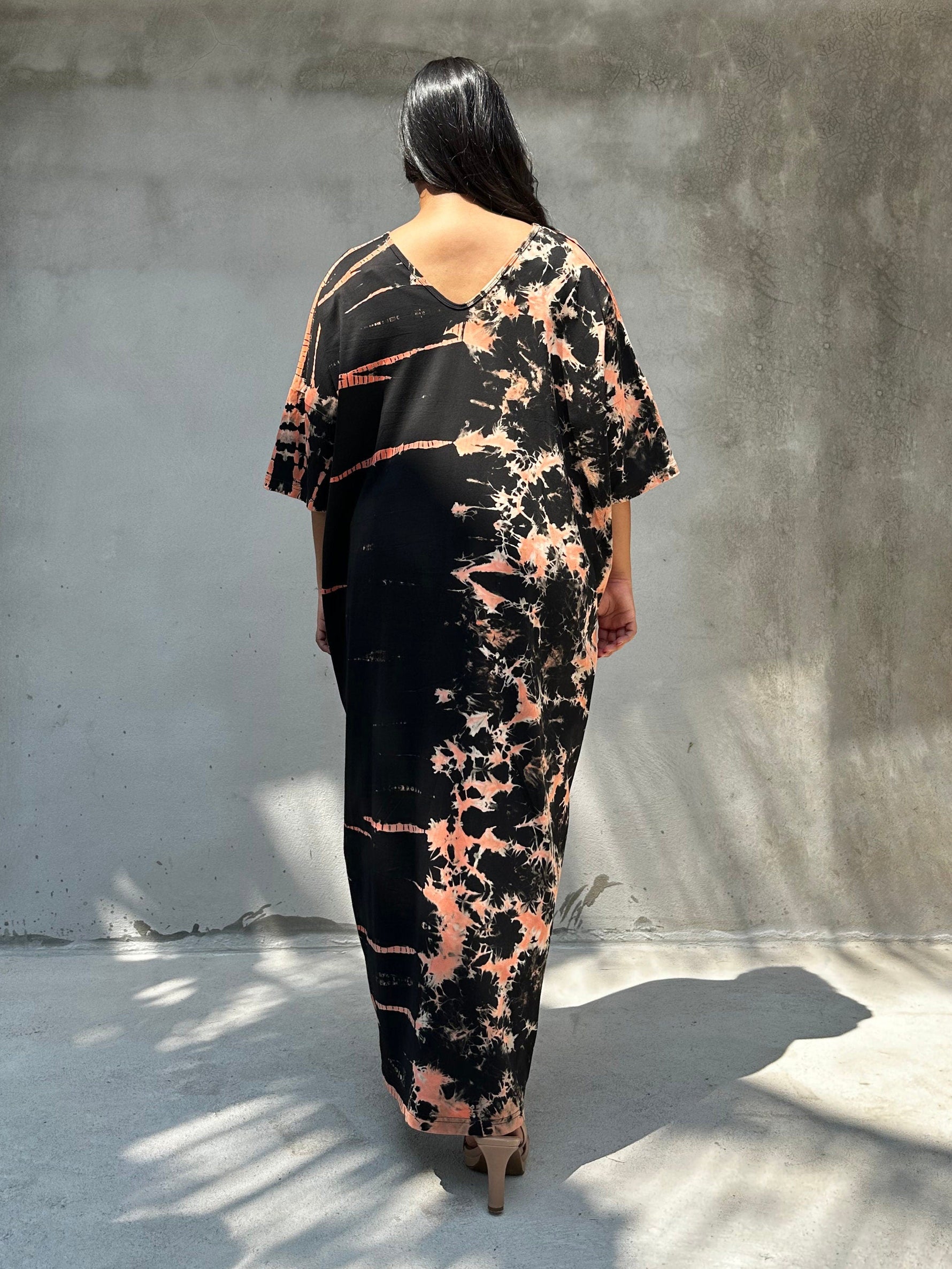 Mala Handworks Olivia Cotton Kaftan in Black and Apricot Tie Dye