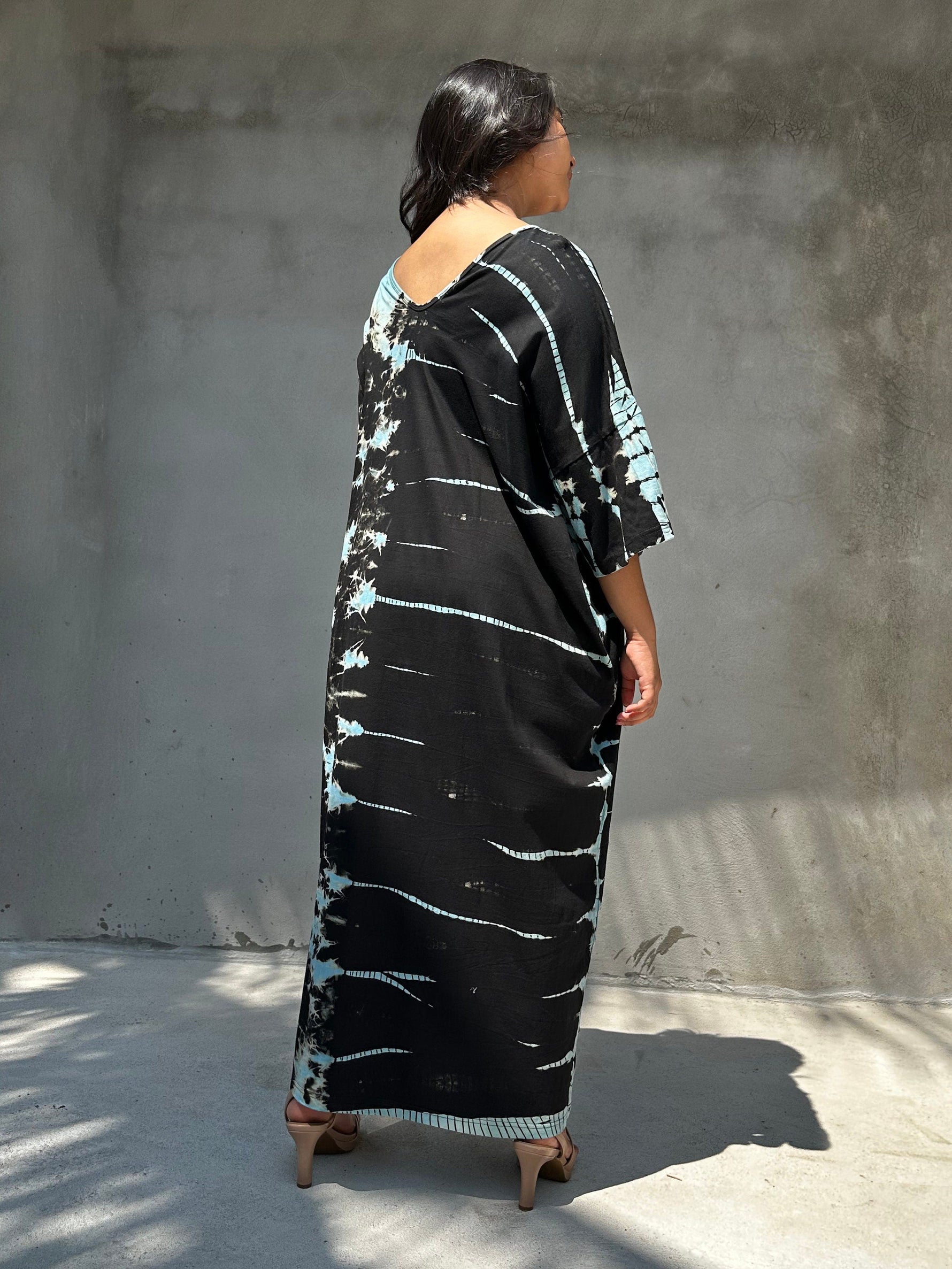 Mala Handworks Olivia Cotton Kaftan in Black and Aqua Tie Dye