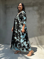 Mala Handworks Olivia Cotton Kaftan in Black and Aqua Tie Dye