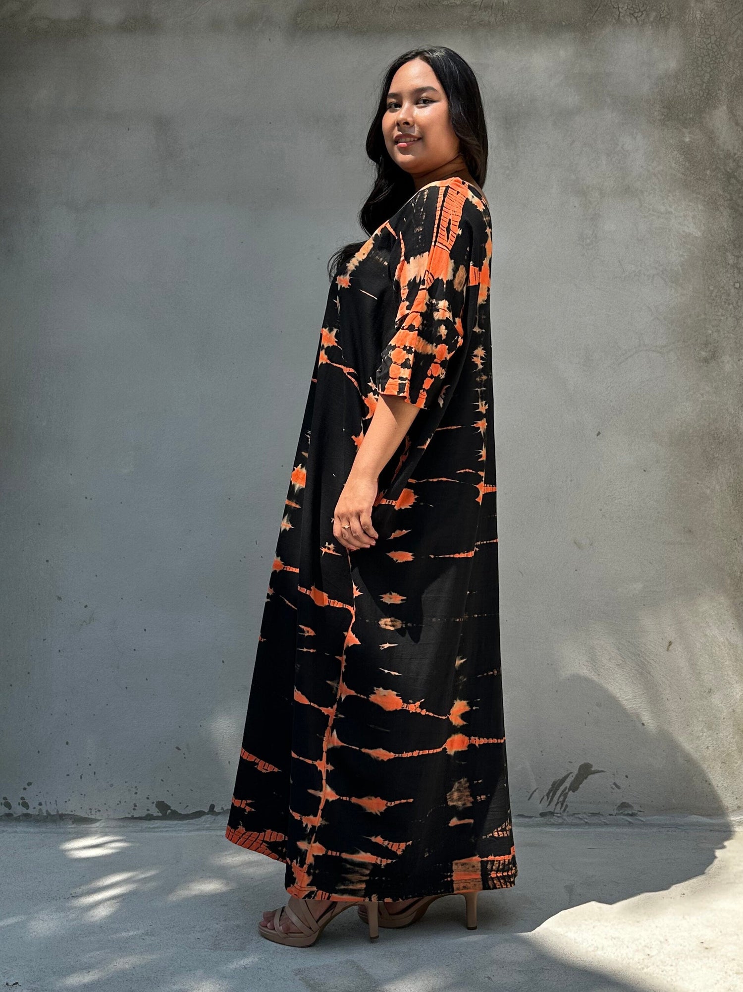 Mala Handworks Olivia Cotton Kaftan in Black and Orange Tie Dye