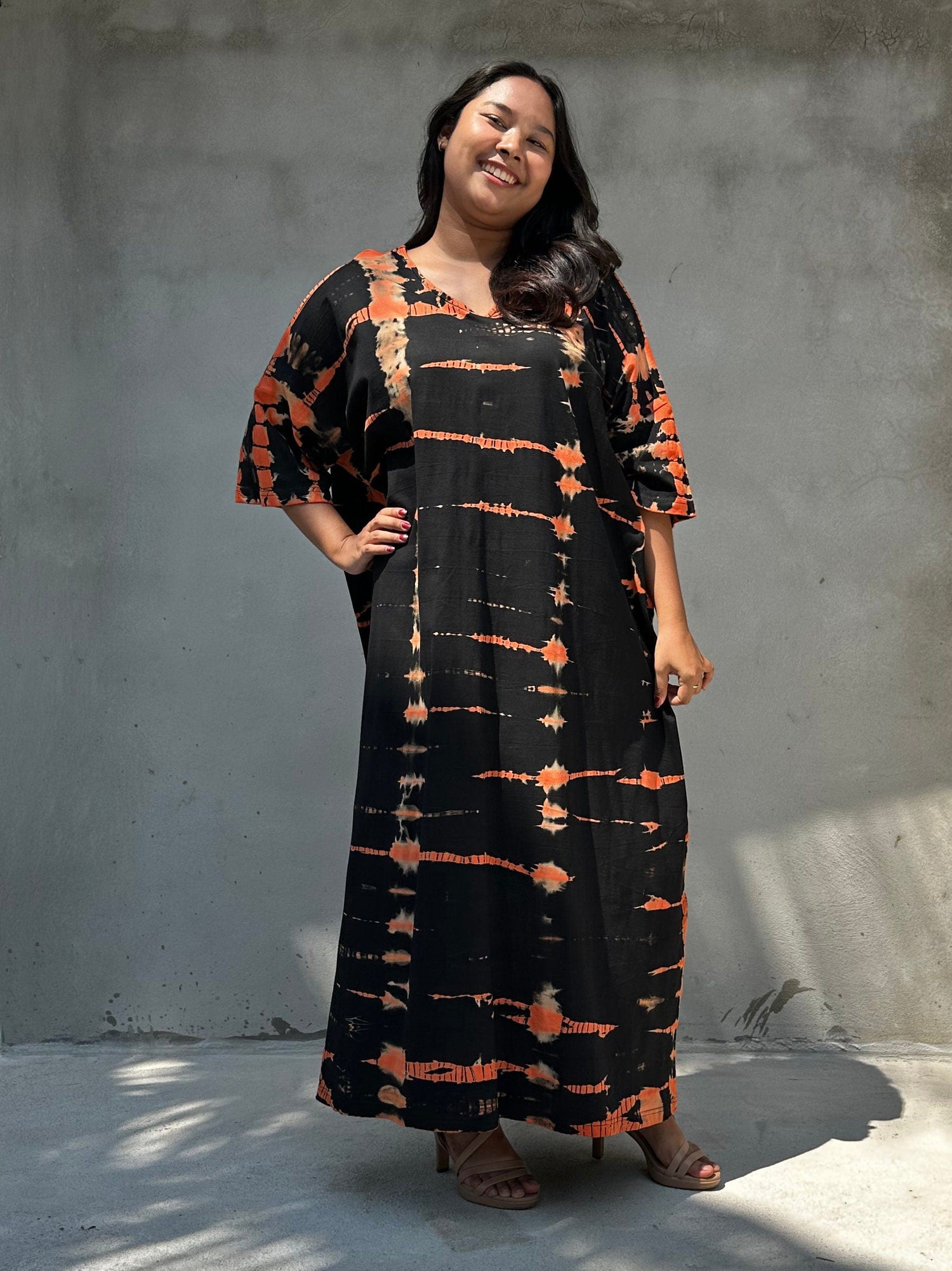 Mala Handworks Olivia Cotton Kaftan in Black and Orange Tie Dye