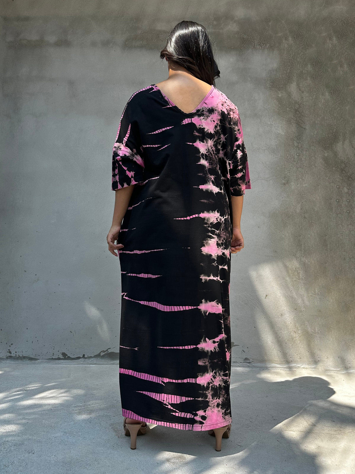Mala Handworks Olivia Cotton Kaftan in Black and Pink Tie Dye