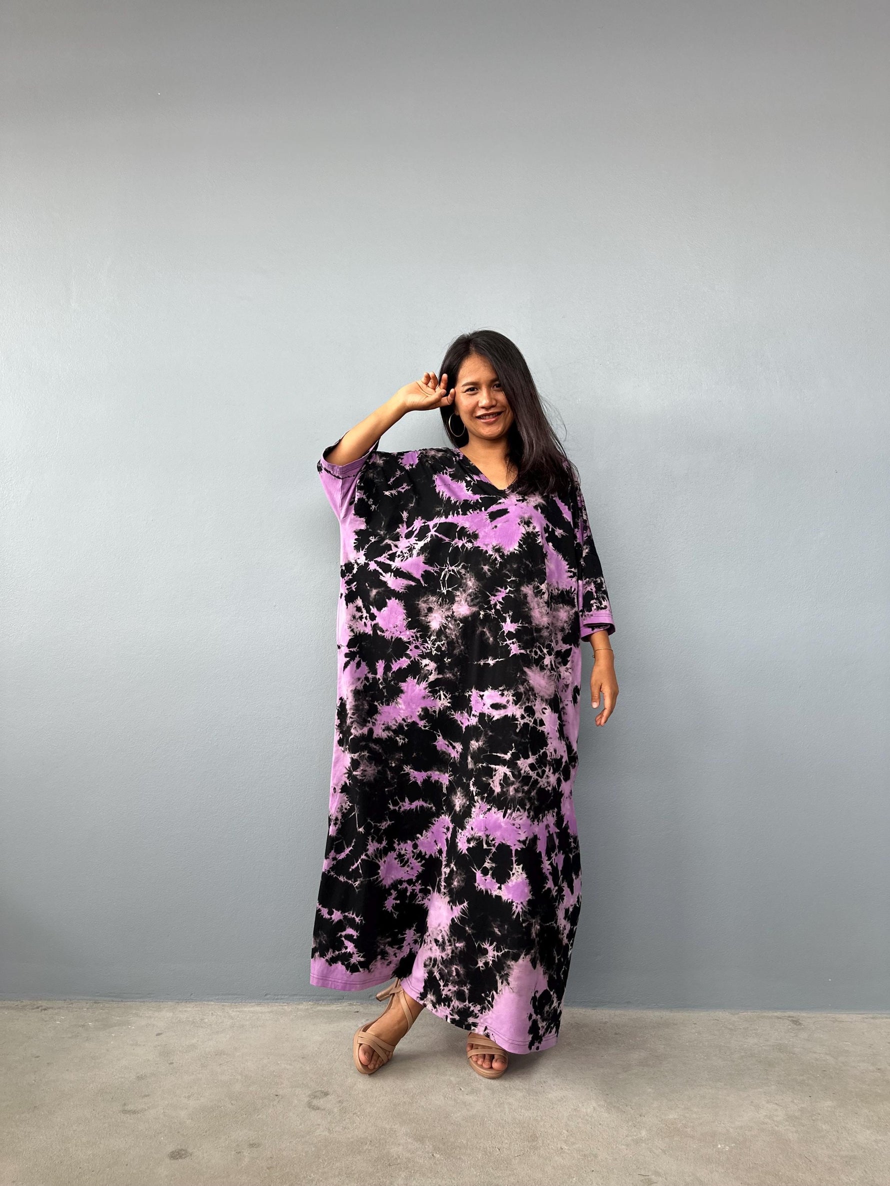 Mala Handworks Olivia Cotton Kaftan in Black and Purple Tie Dye