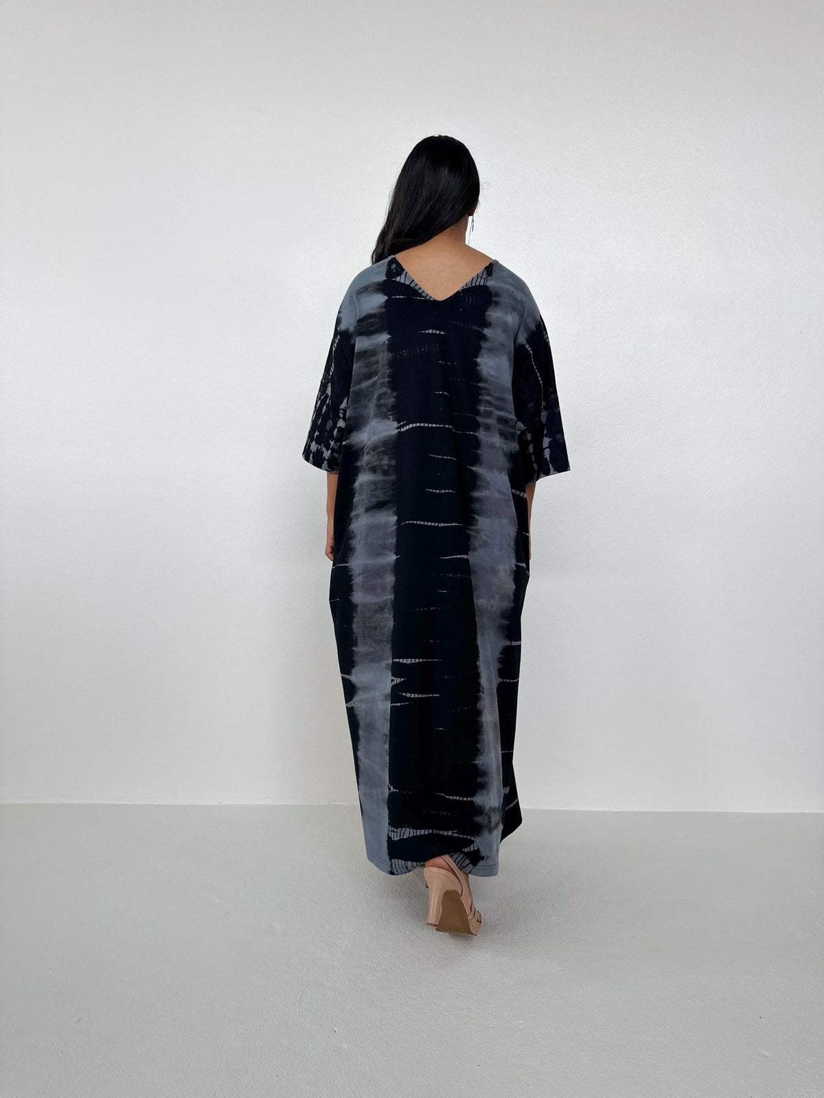 Mala Handworks Olivia Cotton Kaftan in Gray and Black Tie Dye