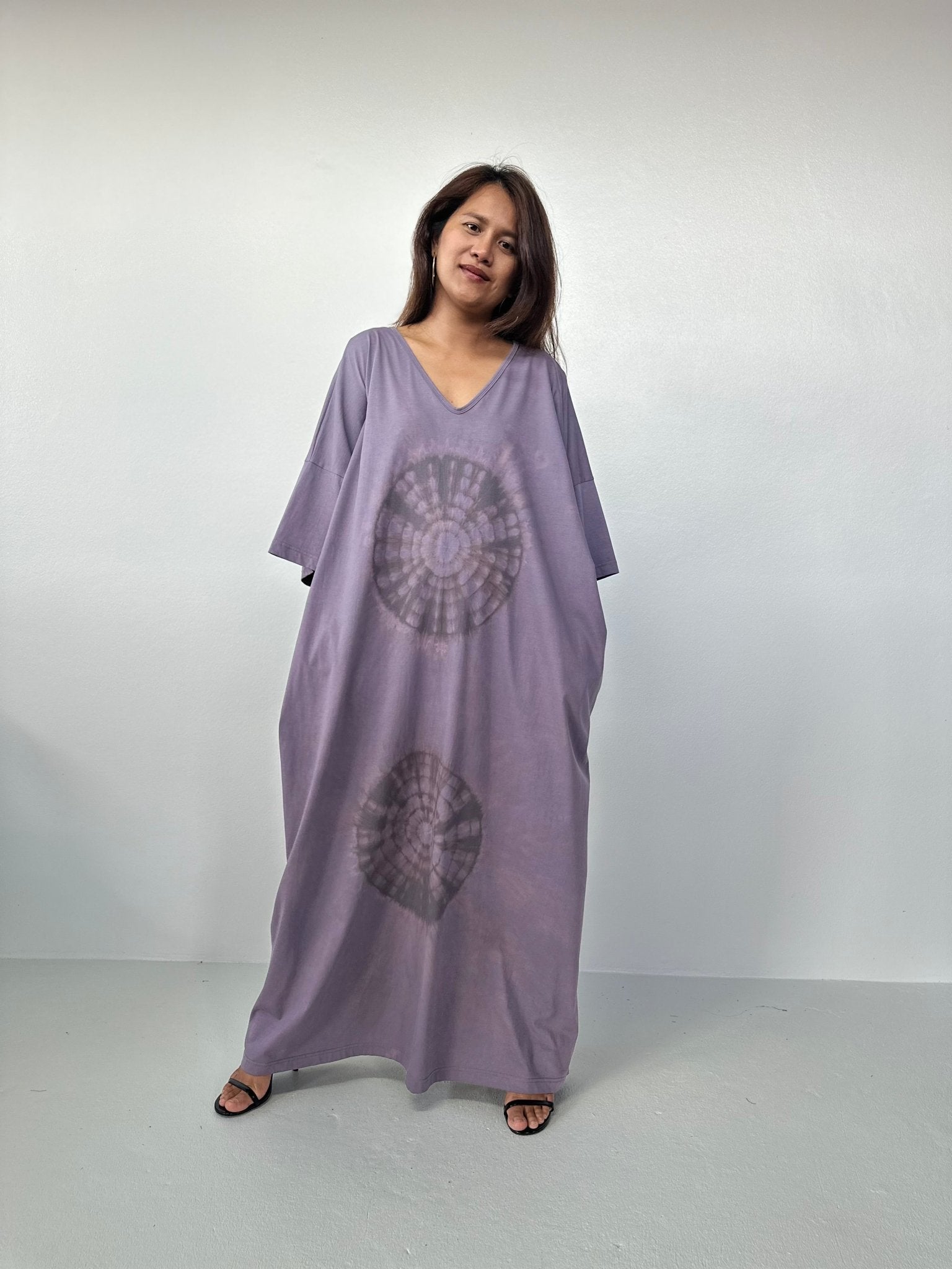 Olivia Cotton Kaftan in Gray with Mandala Tie Dye - Mala Handworks