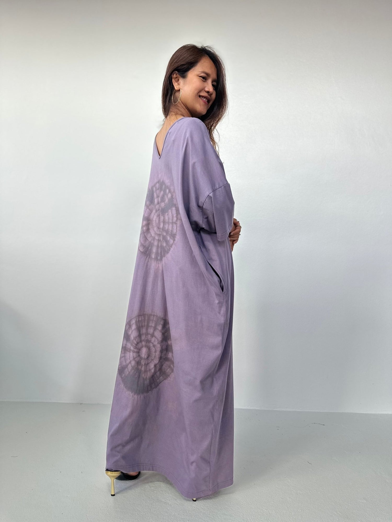 Olivia Cotton Kaftan in Gray with Mandala Tie Dye - Mala Handworks
