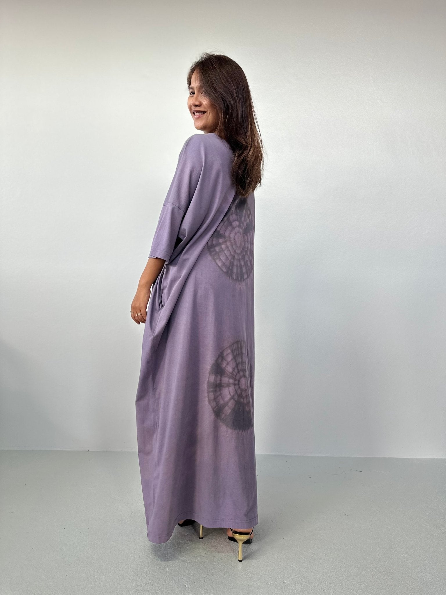 Olivia Cotton Kaftan in Gray with Mandala Tie Dye - Mala Handworks