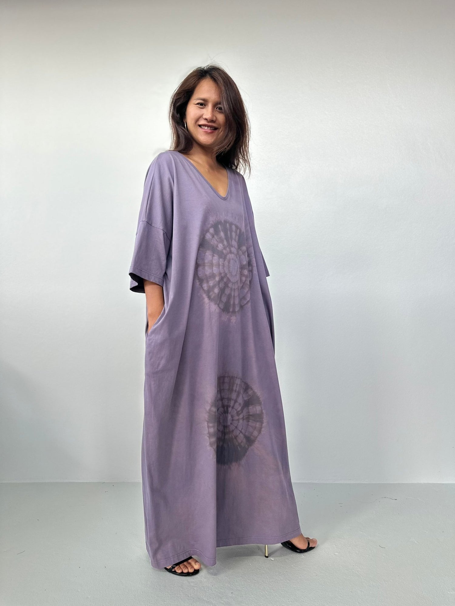 Olivia Cotton Kaftan in Gray with Mandala Tie Dye - Mala Handworks