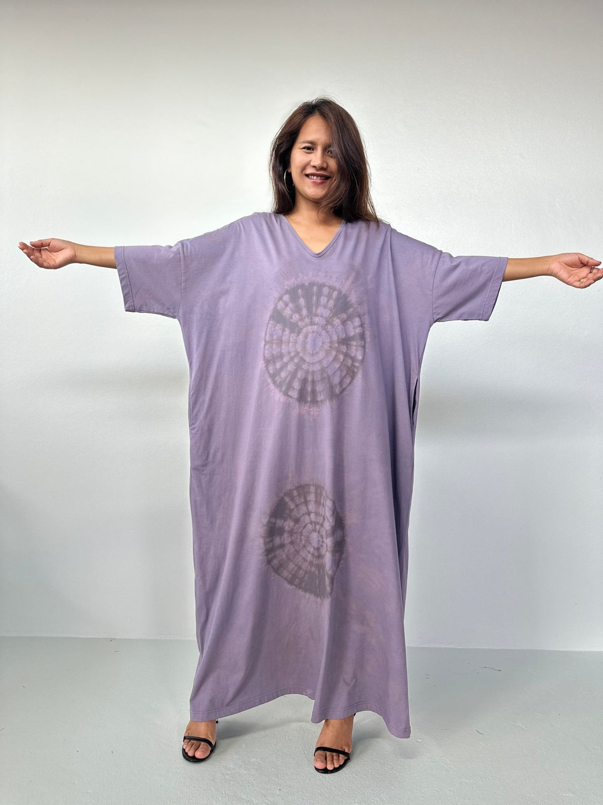 Olivia Cotton Kaftan in Gray with Mandala Tie Dye - Mala Handworks