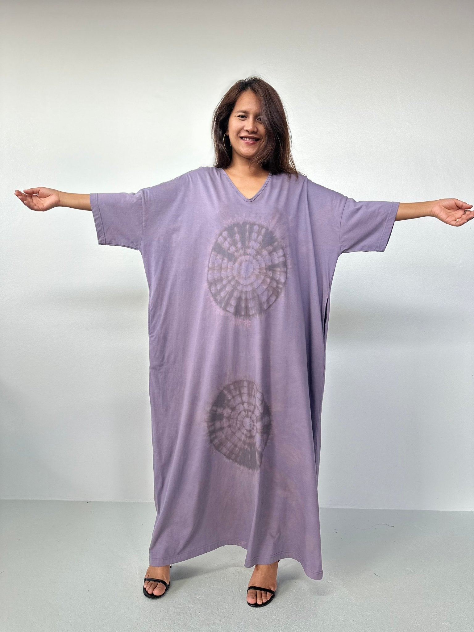 Olivia Cotton Kaftan in Gray with Mandala Tie Dye - Mala Handworks