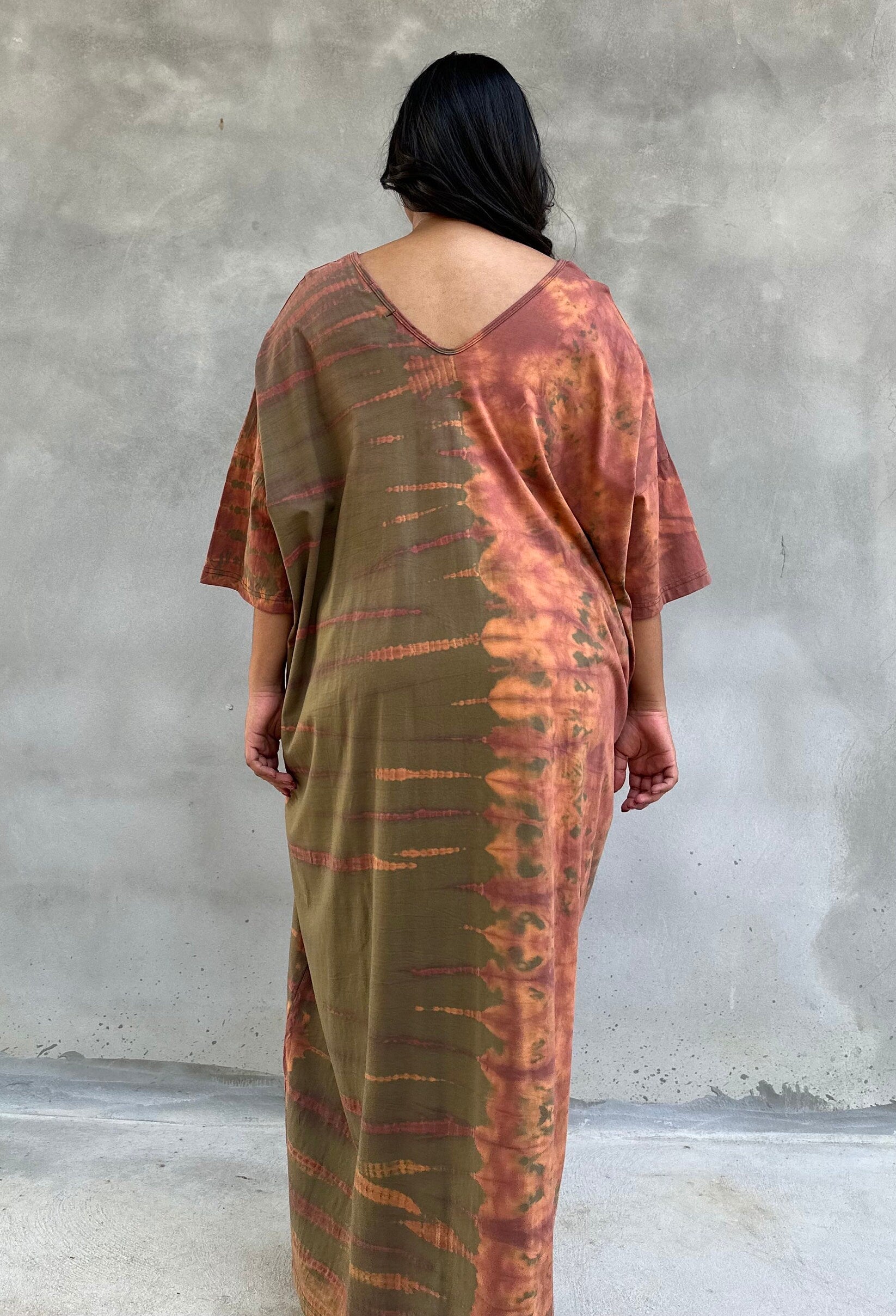 Mala Handworks Olivia Cotton Kaftan in Olive and Apricot Tie Dye