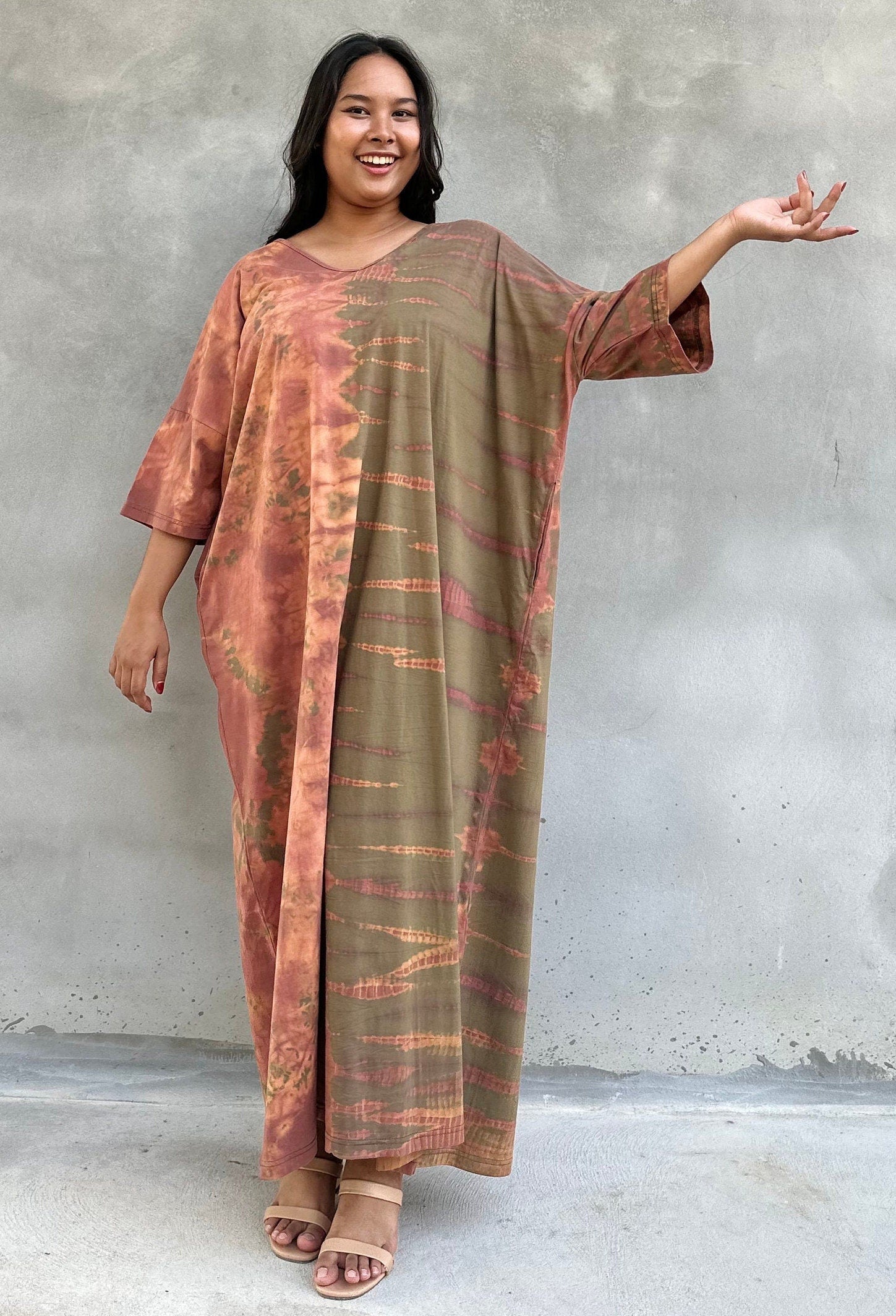 Mala Handworks Olivia Cotton Kaftan in Olive and Apricot Tie Dye