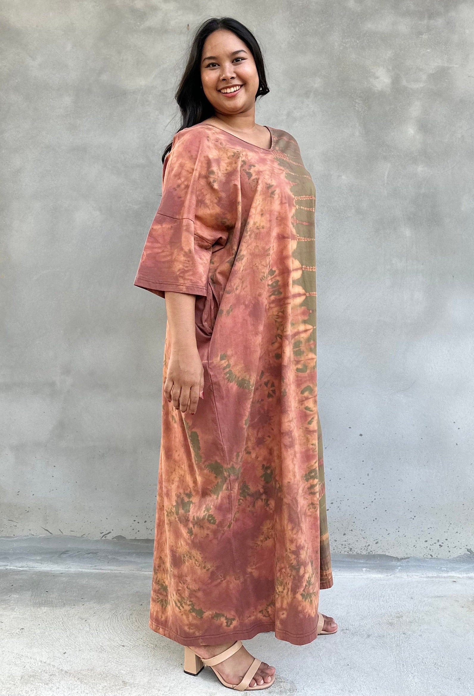 Mala Handworks Olivia Cotton Kaftan in Olive and Apricot Tie Dye