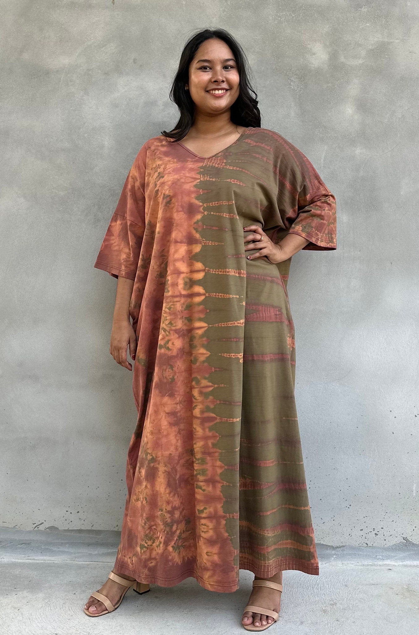 Mala Handworks Olivia Cotton Kaftan in Olive and Apricot Tie Dye