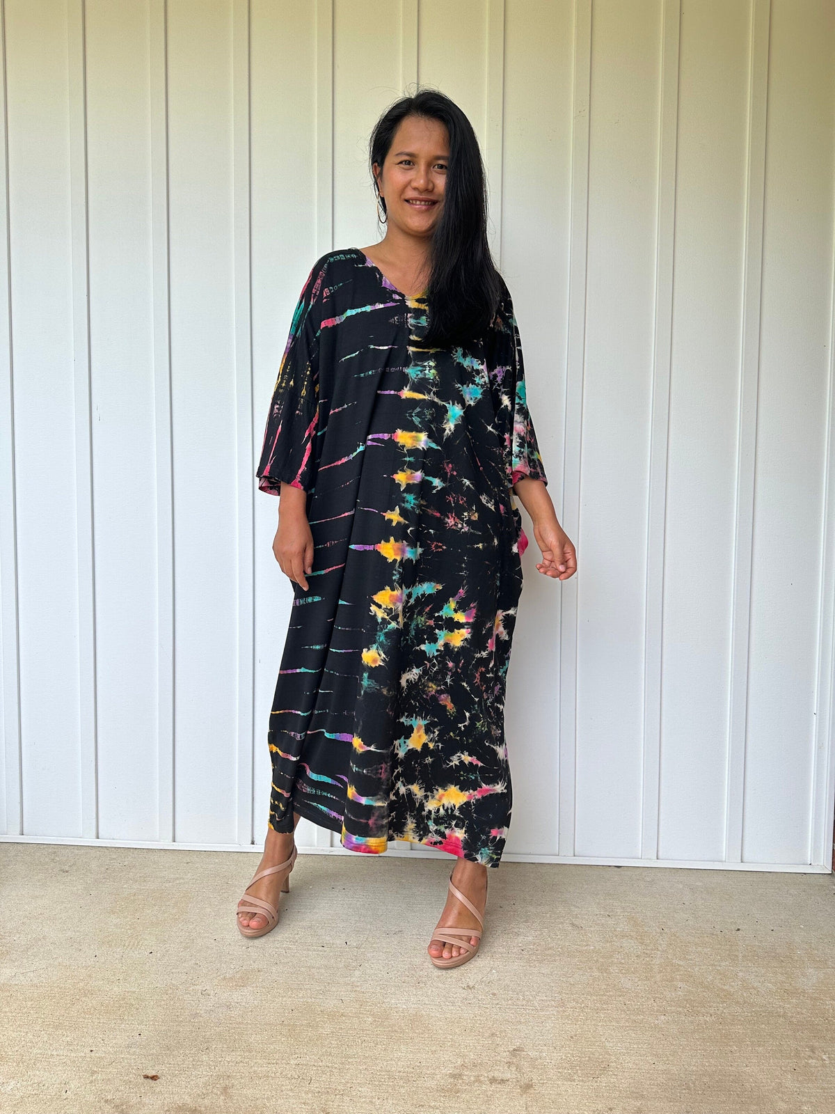 MALA handworks  Olivia Kaftan in Black and Rainbow Tie Dye