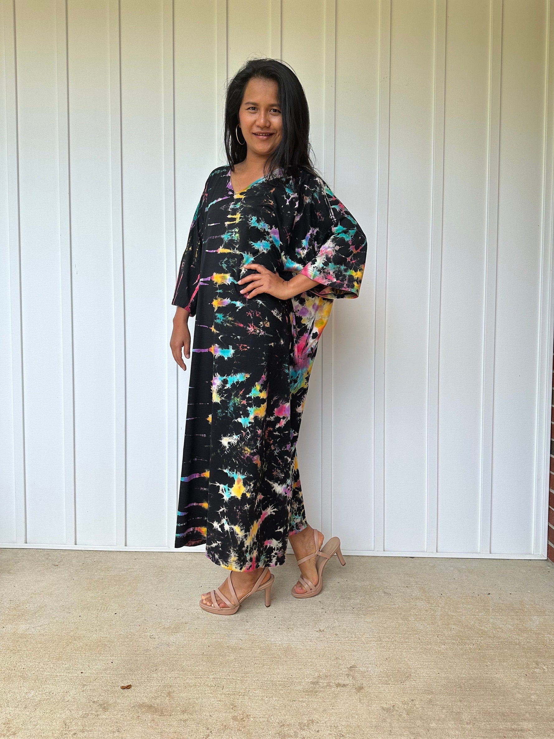MALA handworks  Olivia Kaftan in Black and Rainbow Tie Dye