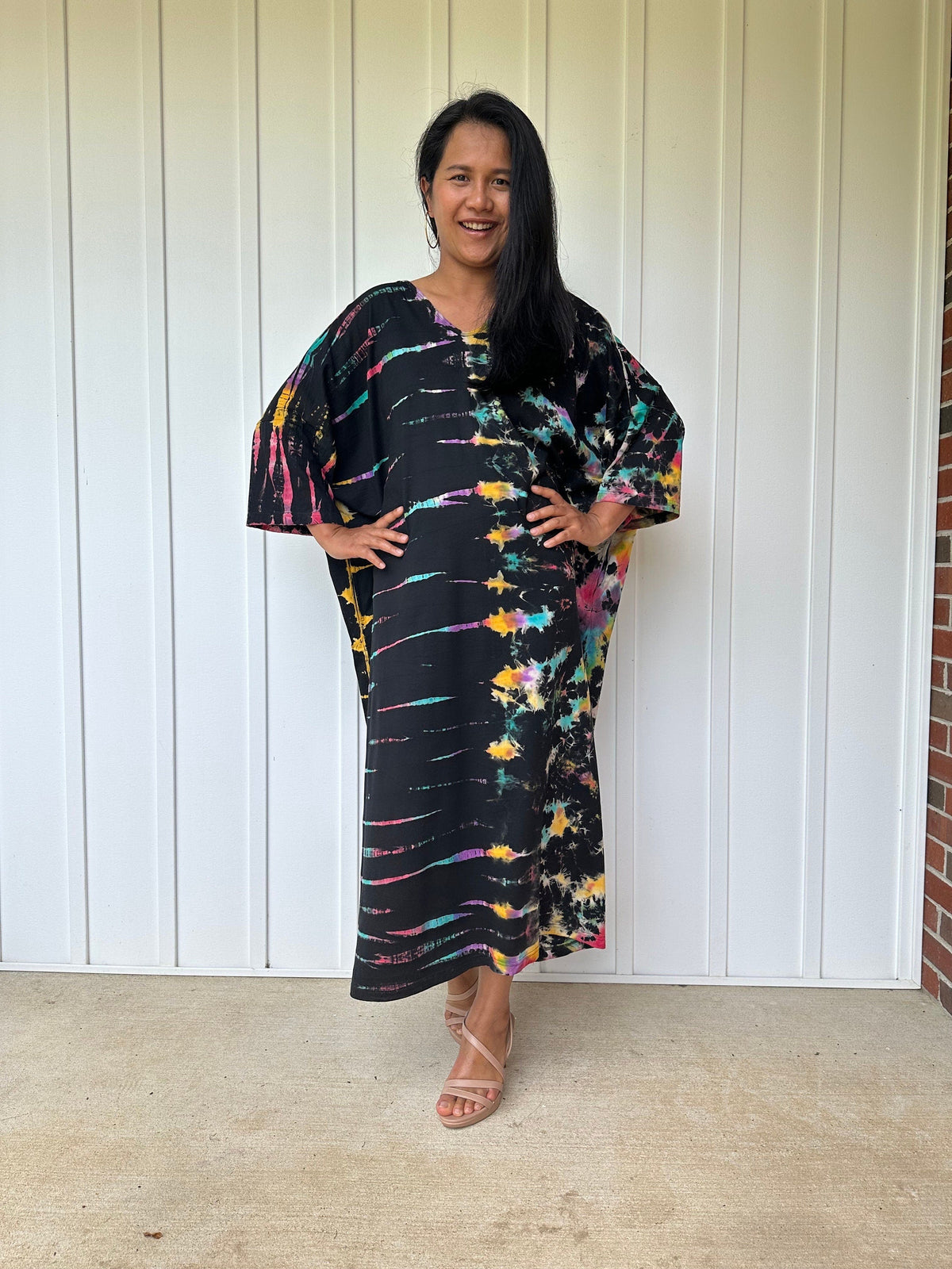 MALA handworks  Olivia Kaftan in Black and Rainbow Tie Dye