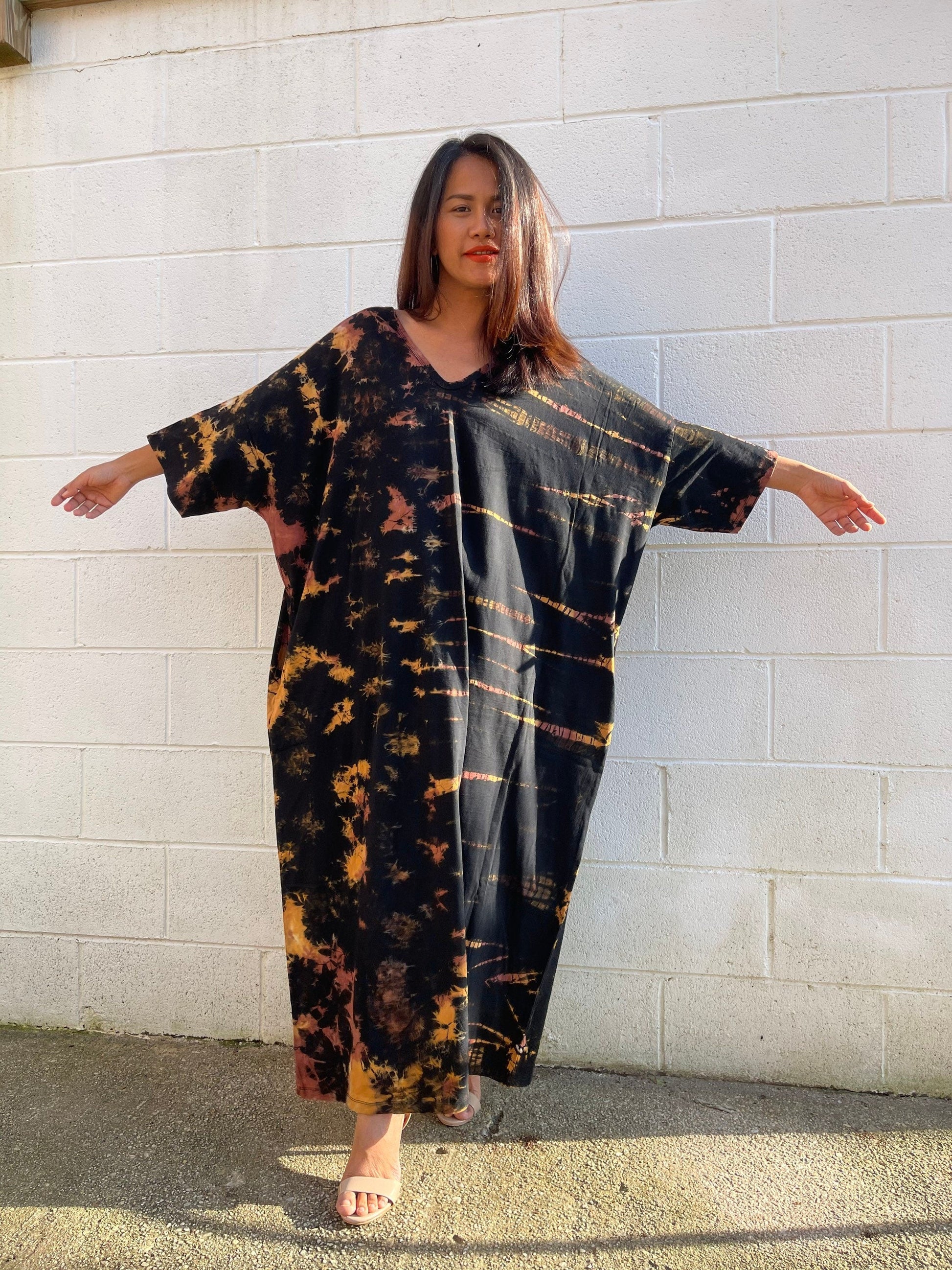 MALA handworks  Olivia Kaftan in Black and Rainbow Tie Dye