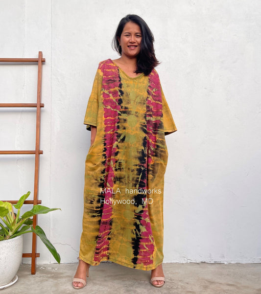 MALA handworks  Olivia Kaftan in Yellow and Rainbow Tie Dye