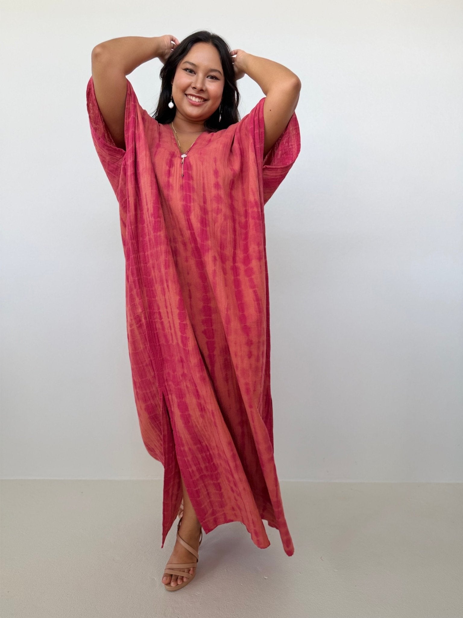 Mala Handworks Grace Cotton Kaftan in Raspberry Tie Dye