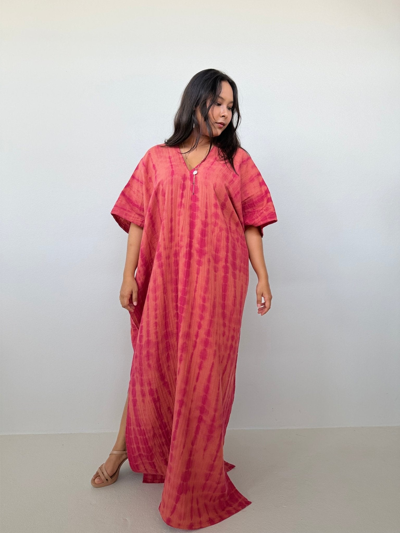 Mala Handworks Grace Cotton Kaftan in Raspberry Tie Dye