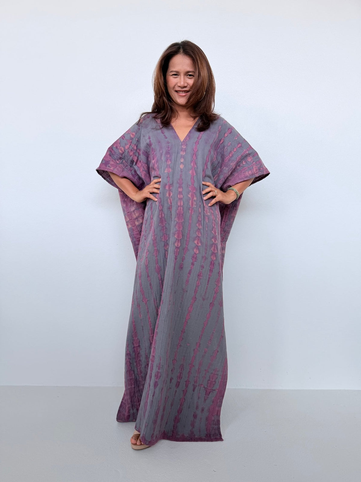 Penelope Double Gauze Cotton Kaftan in Fossil with Violet Tie Dye - Mala Handworks